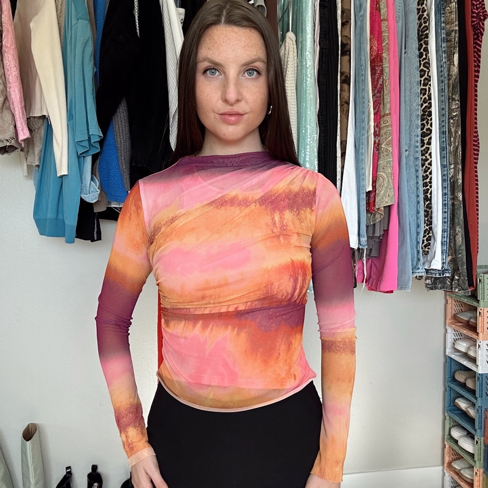 Zara Pink Orange Tie-Dye Long Sleeve Mesh Top